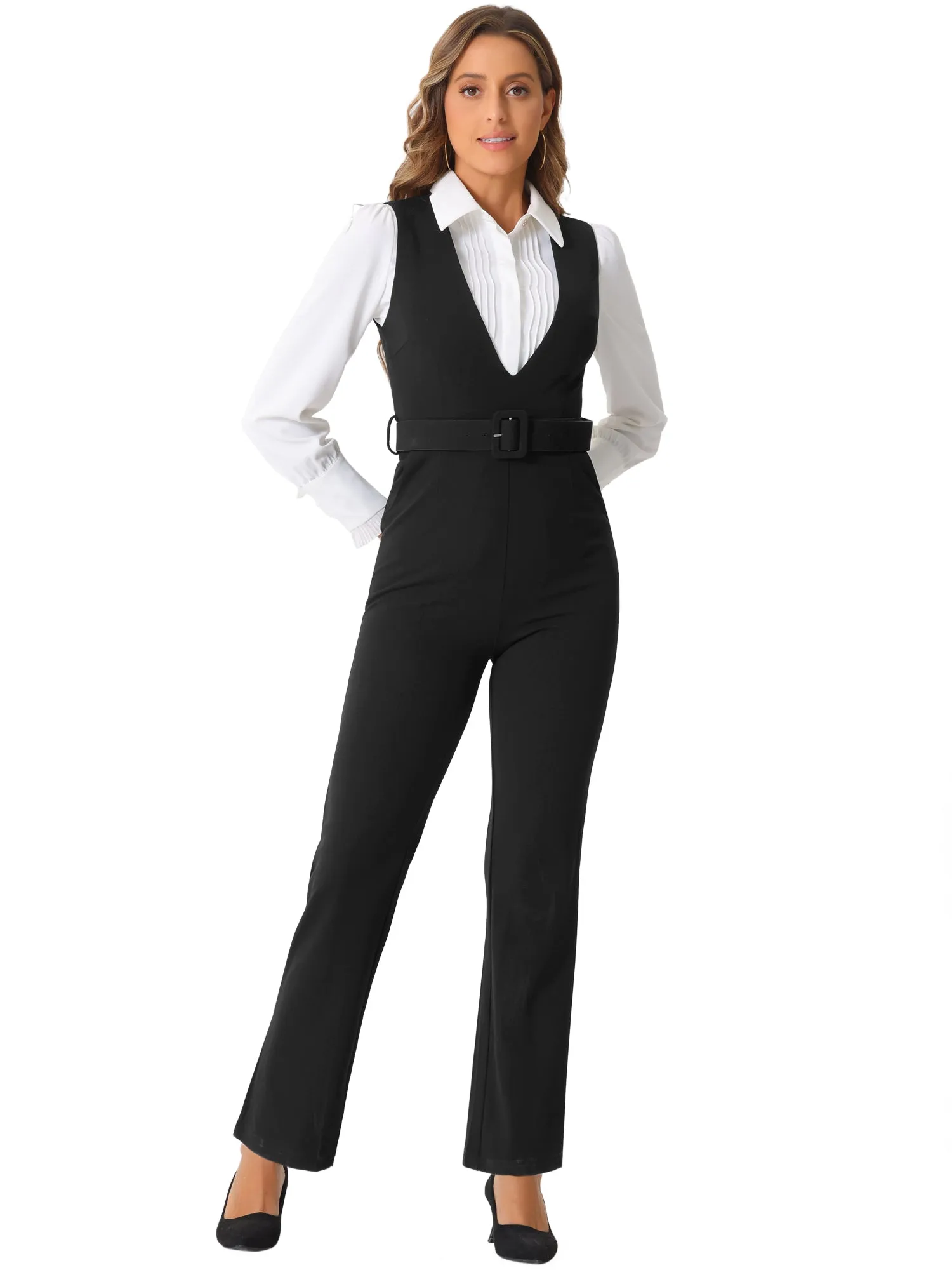 High Waisted Belted Sleeveless Long Suspender Overall Jumpsuit