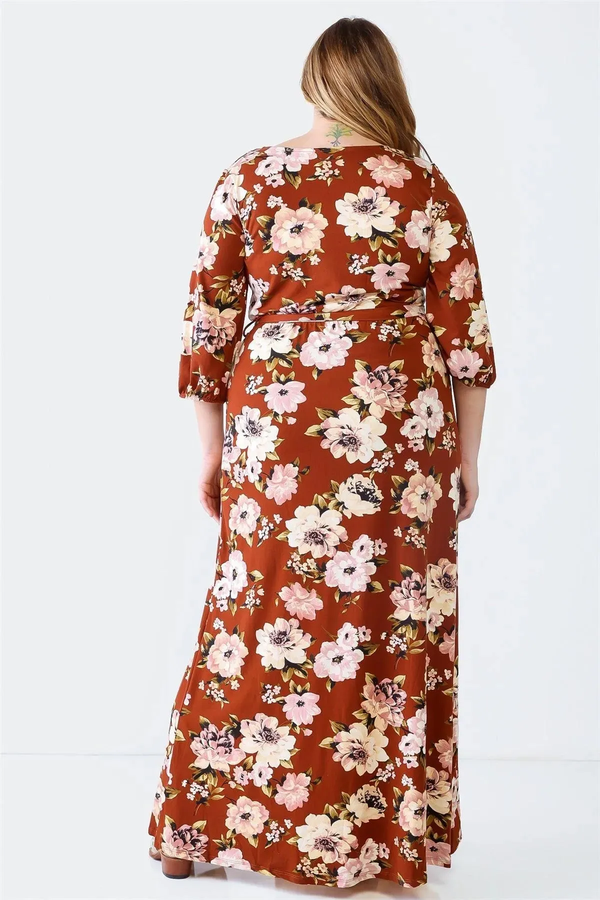 Junior Plus Brown Floral Print Wrap Neck Long Sleeve Belted Maxi Dress /2-2