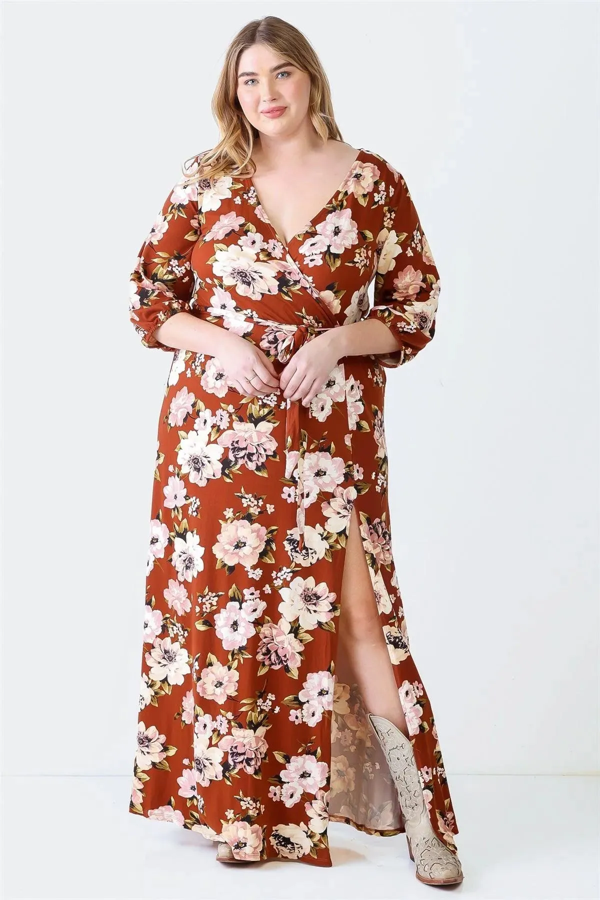 Junior Plus Brown Floral Print Wrap Neck Long Sleeve Belted Maxi Dress /2-2