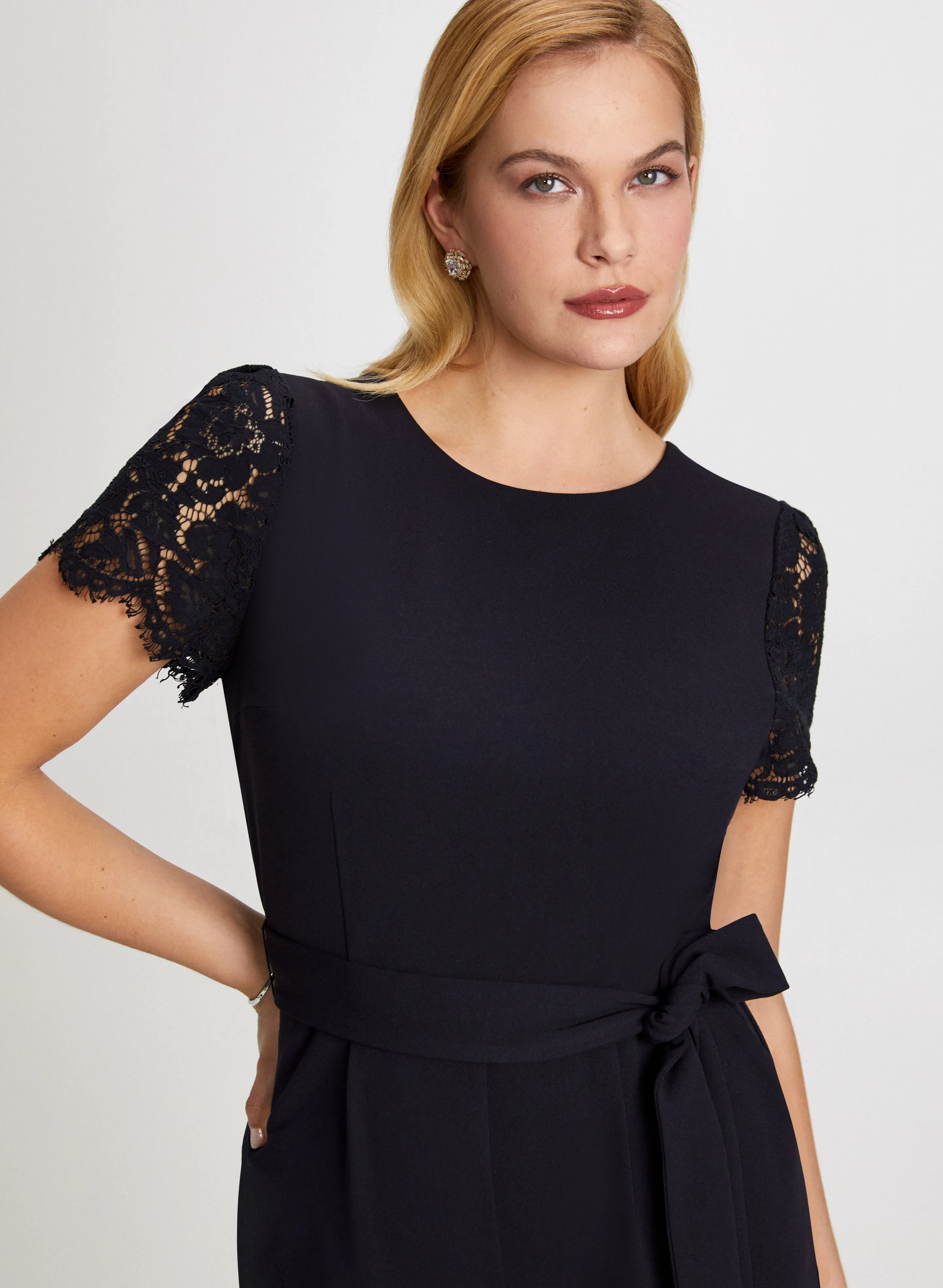 Lace Sleeve Belted Jumpsuit
