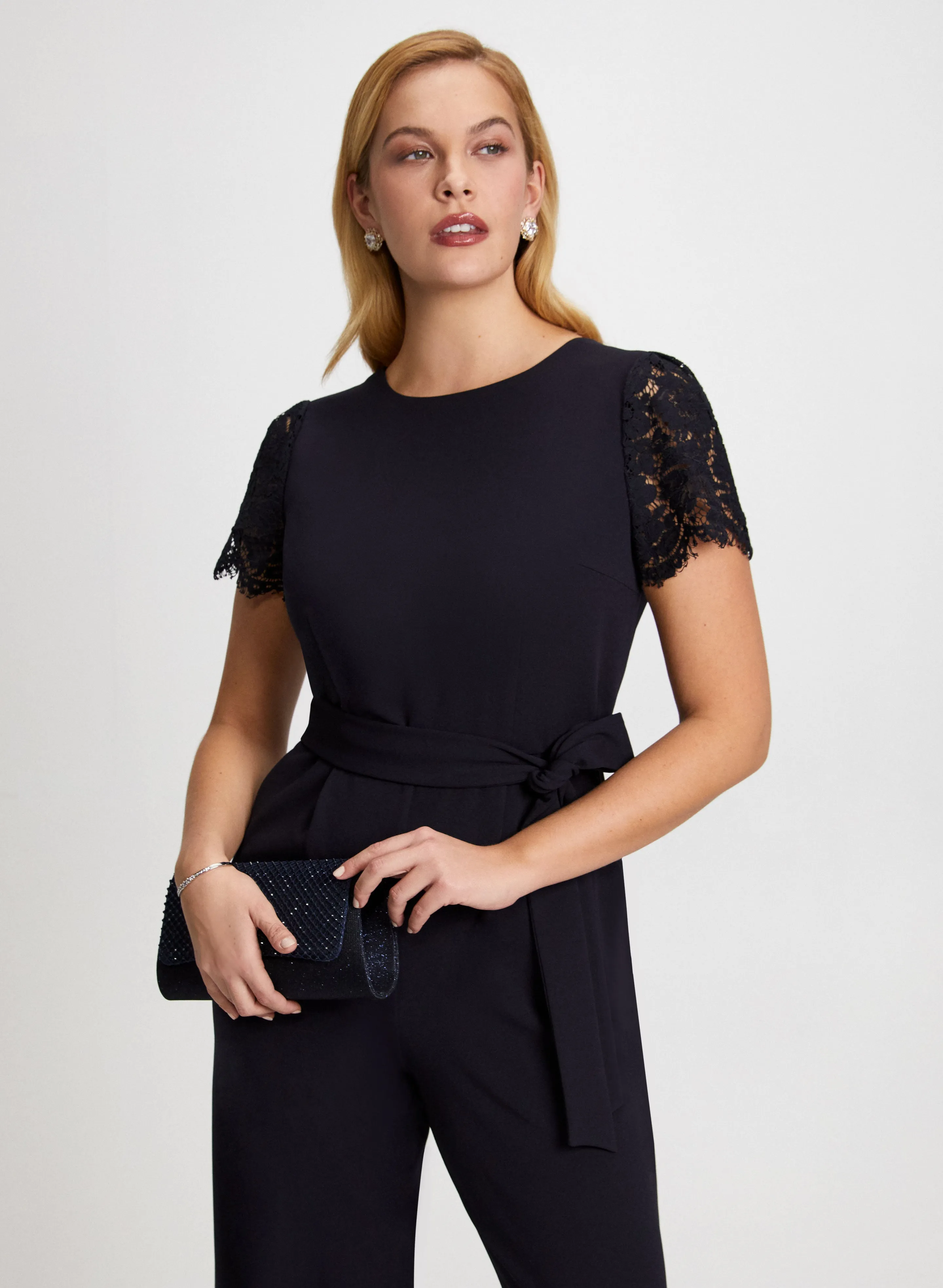 Lace Sleeve Belted Jumpsuit