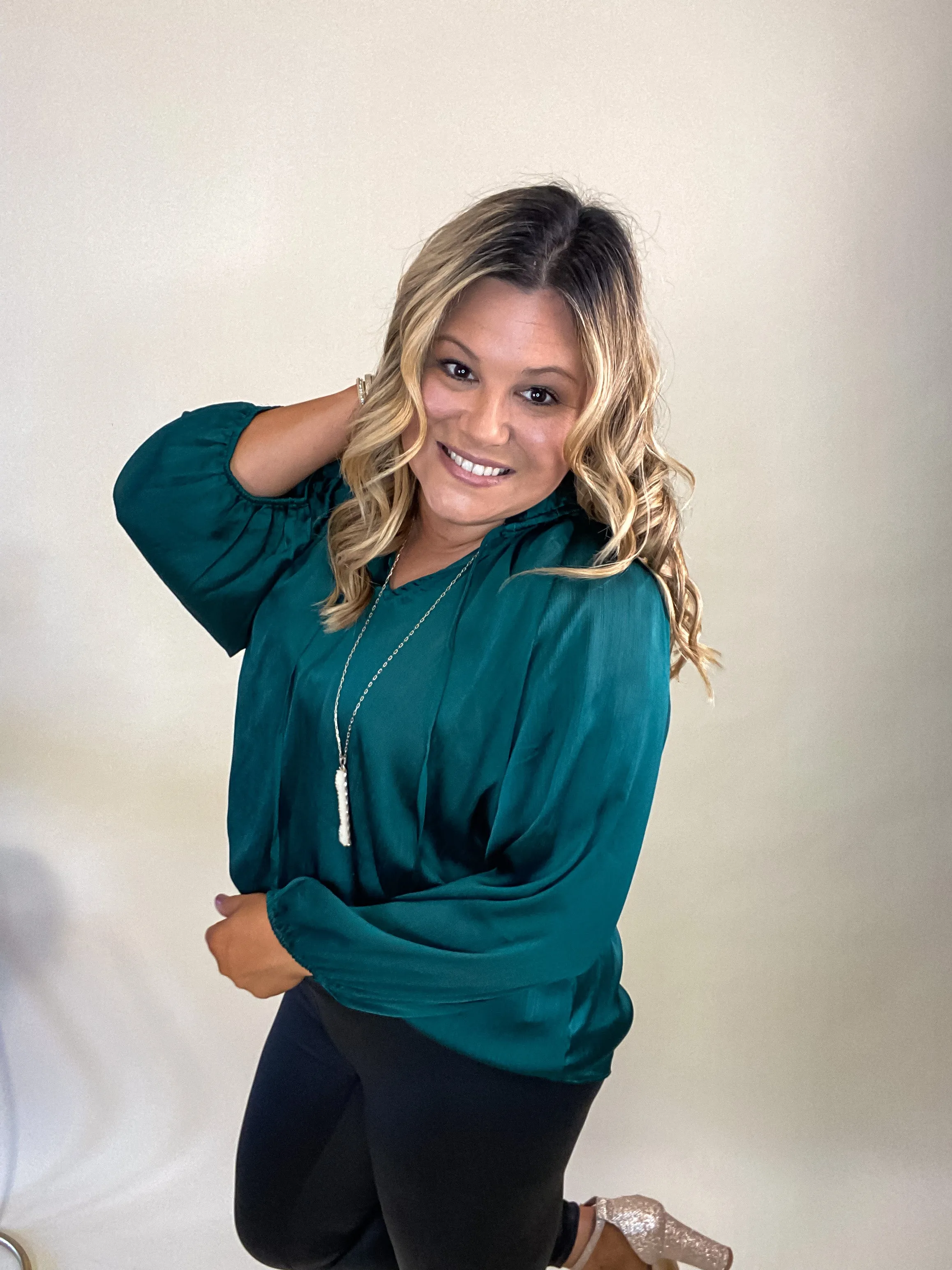 Let Me Adore You Satin Blouse In Hunter Green