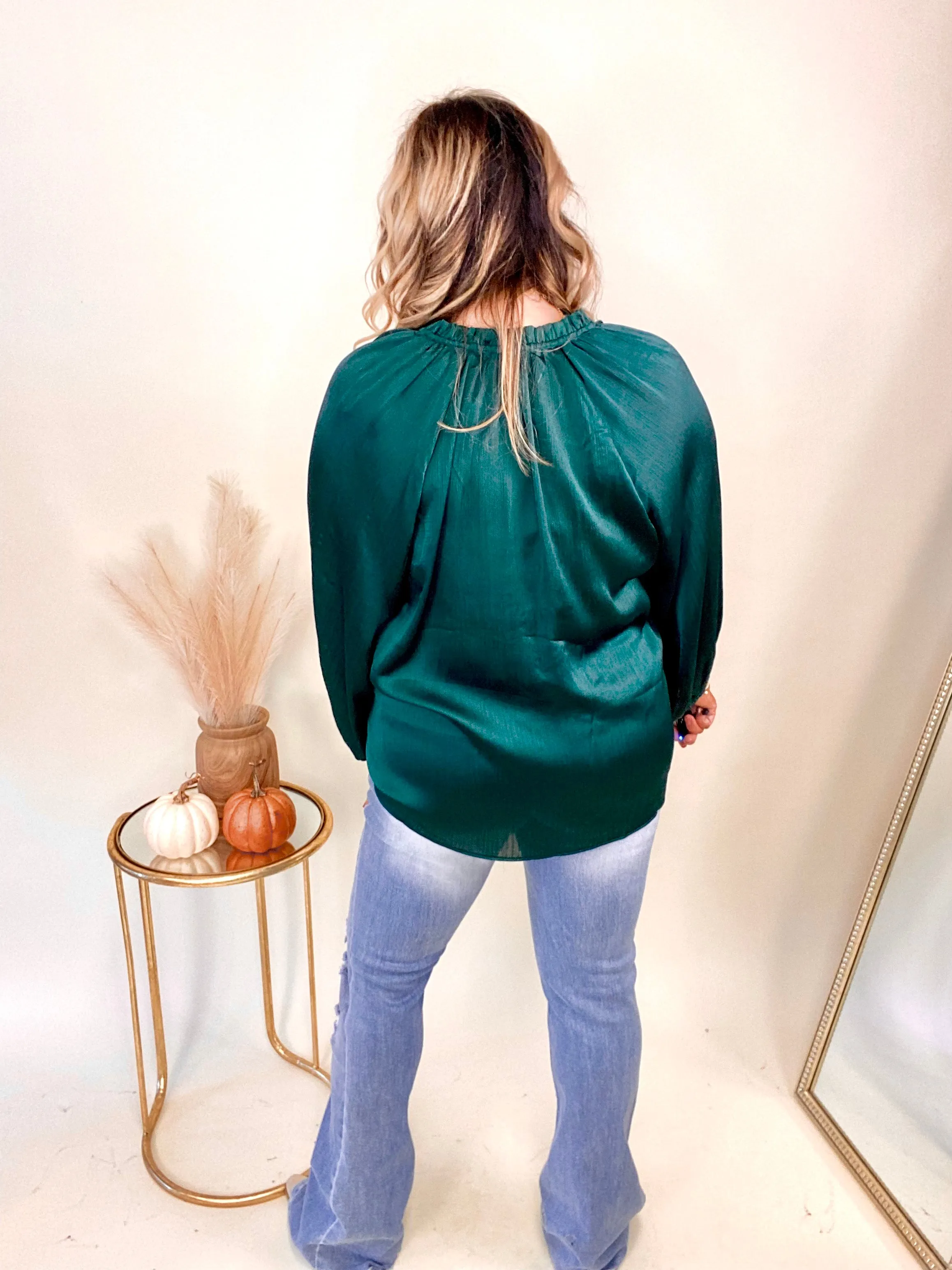 Let Me Adore You Satin Blouse In Hunter Green