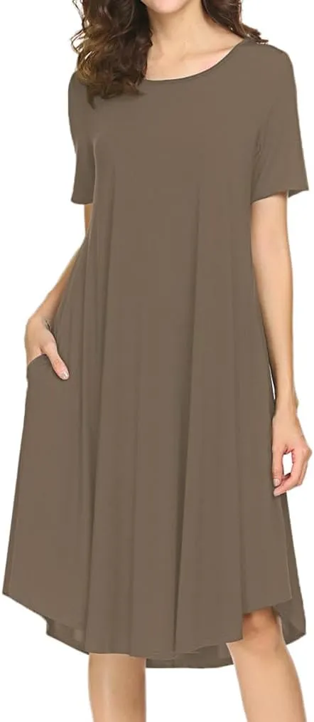 Locryz Women's Short Sleeve Pocket Swing Midi Dress Casual Loose T-Shirt Dress