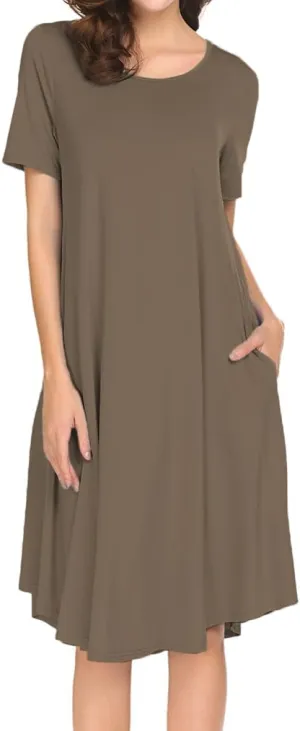 Locryz Women's Short Sleeve Pocket Swing Midi Dress Casual Loose T-Shirt Dress
