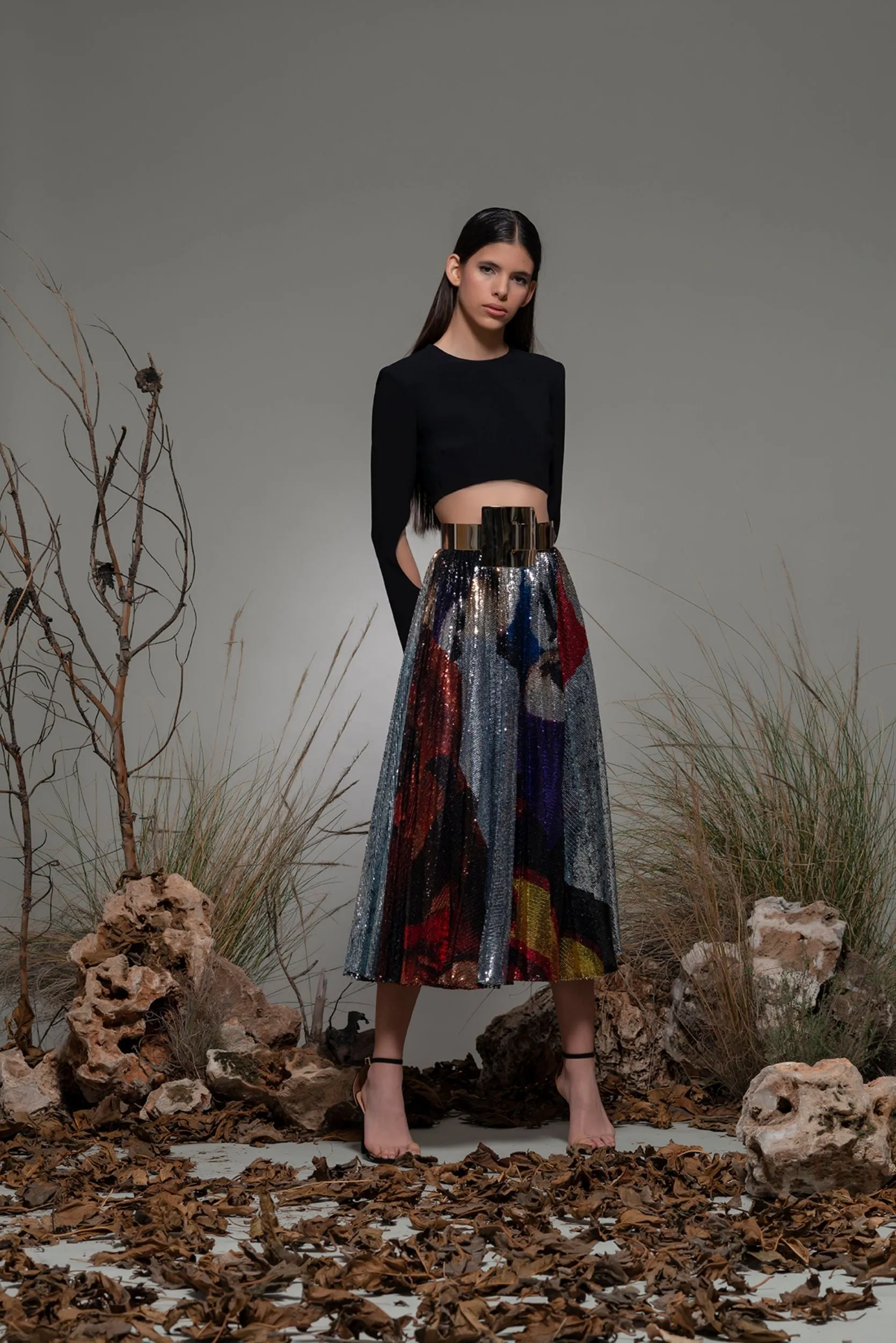 Long-Sleeved Crop Top with Sequin Midi Skirt