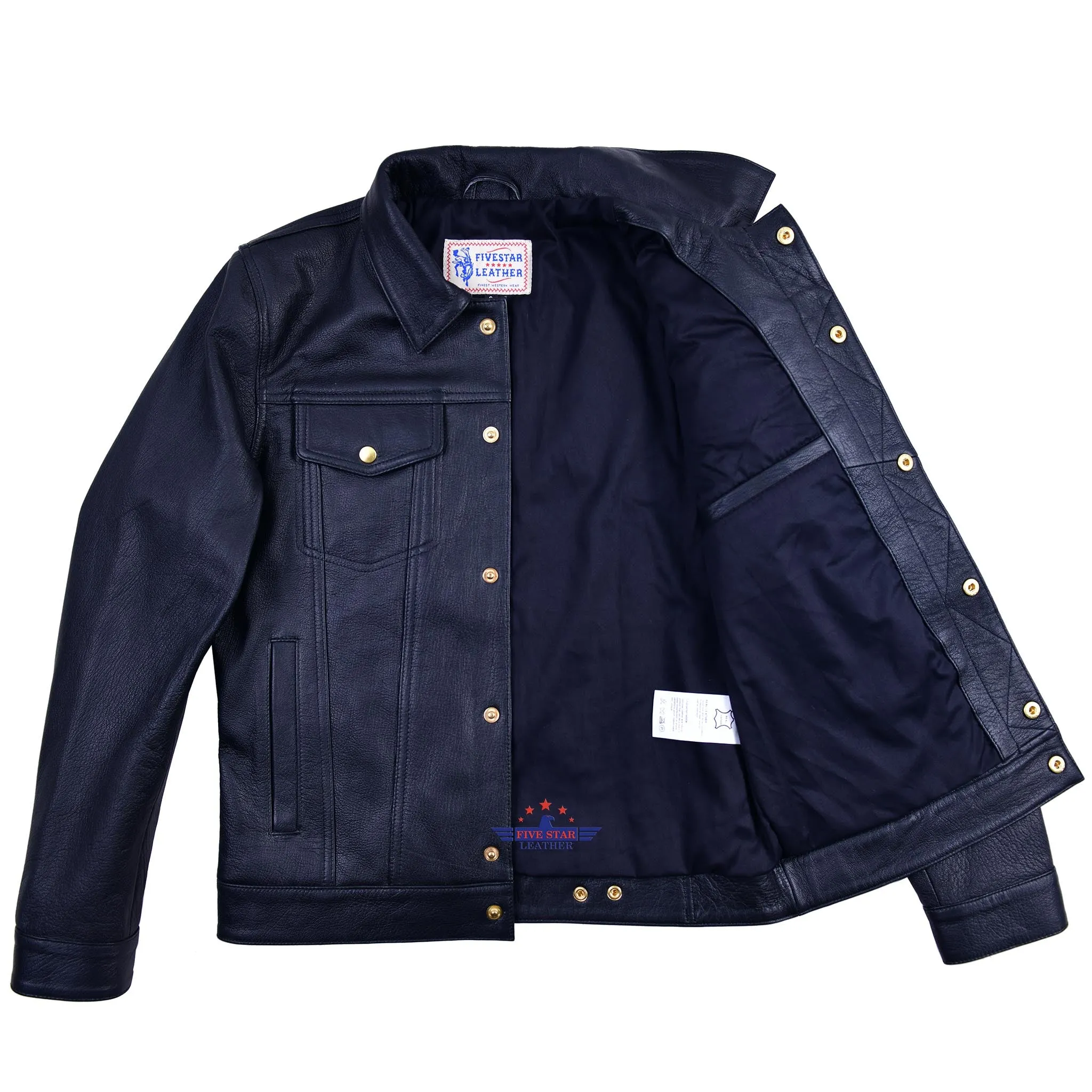 Men Trucker Real Black Goatskin Classic Western Denim Style Leather Black Jacket