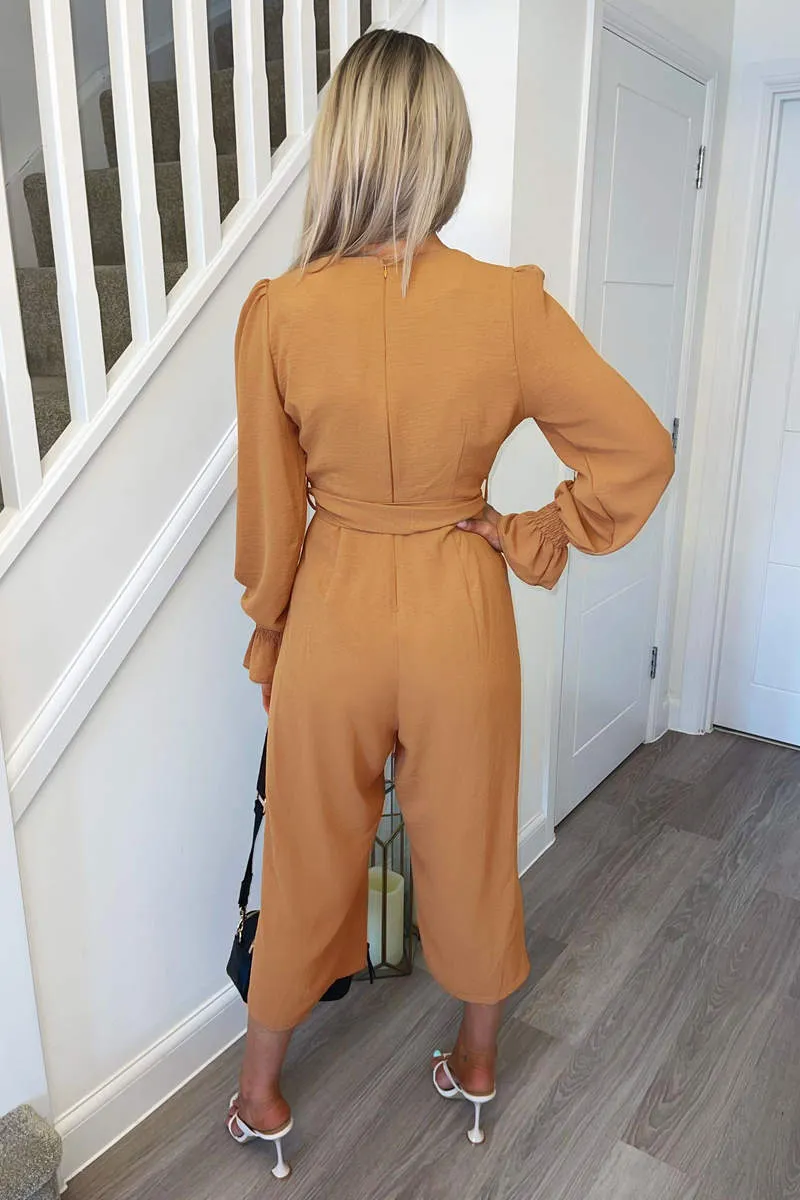 Mocha Wrap Over Elasticated Cuff Belted Jumpsuit