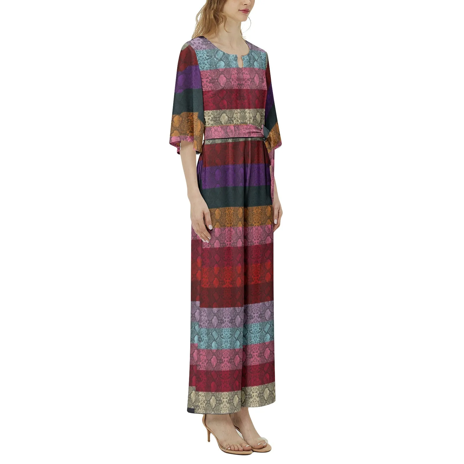 Multicolored Snakeskin Dolman Sleeve Belted Wide Leg Jumpsuit