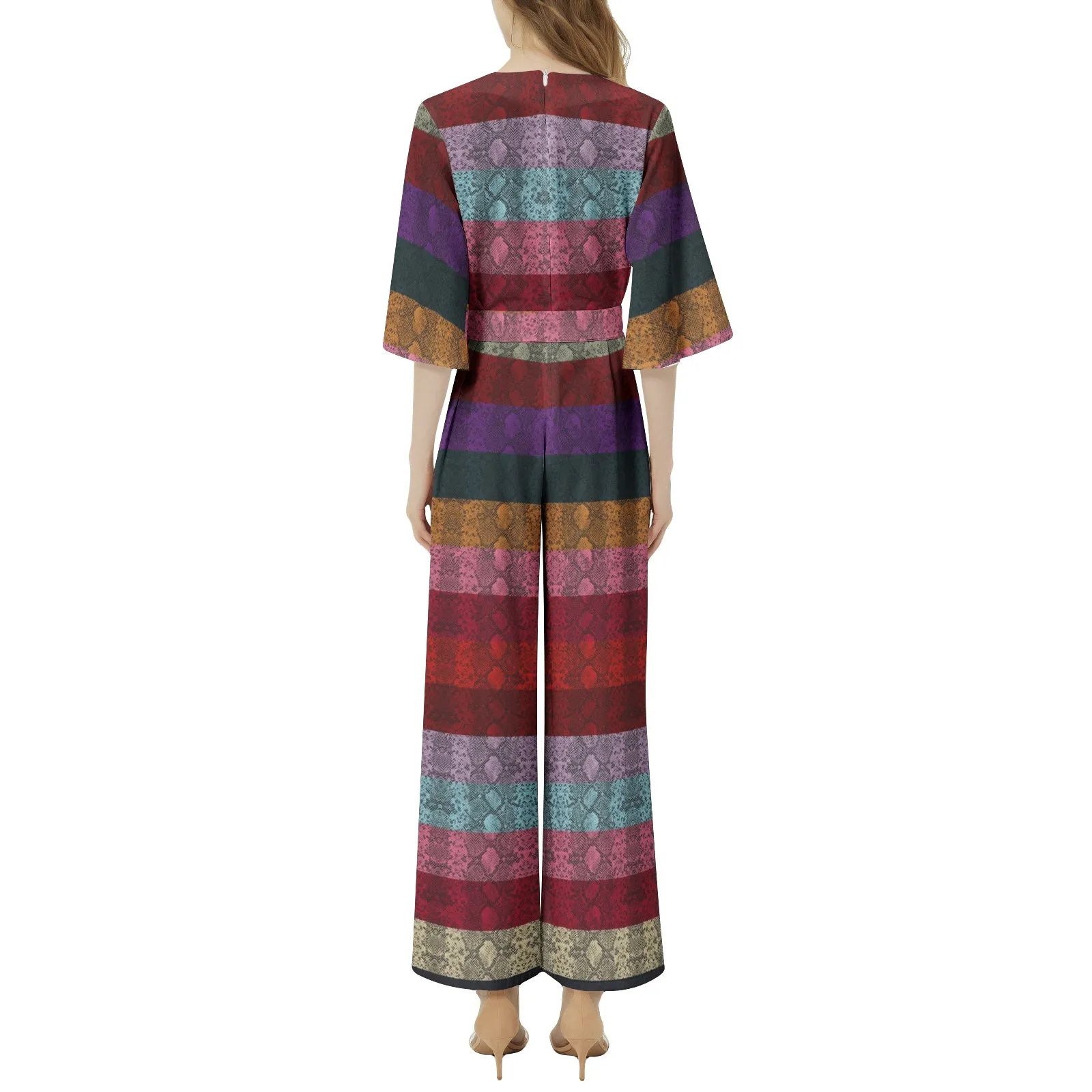 Multicolored Snakeskin Dolman Sleeve Belted Wide Leg Jumpsuit