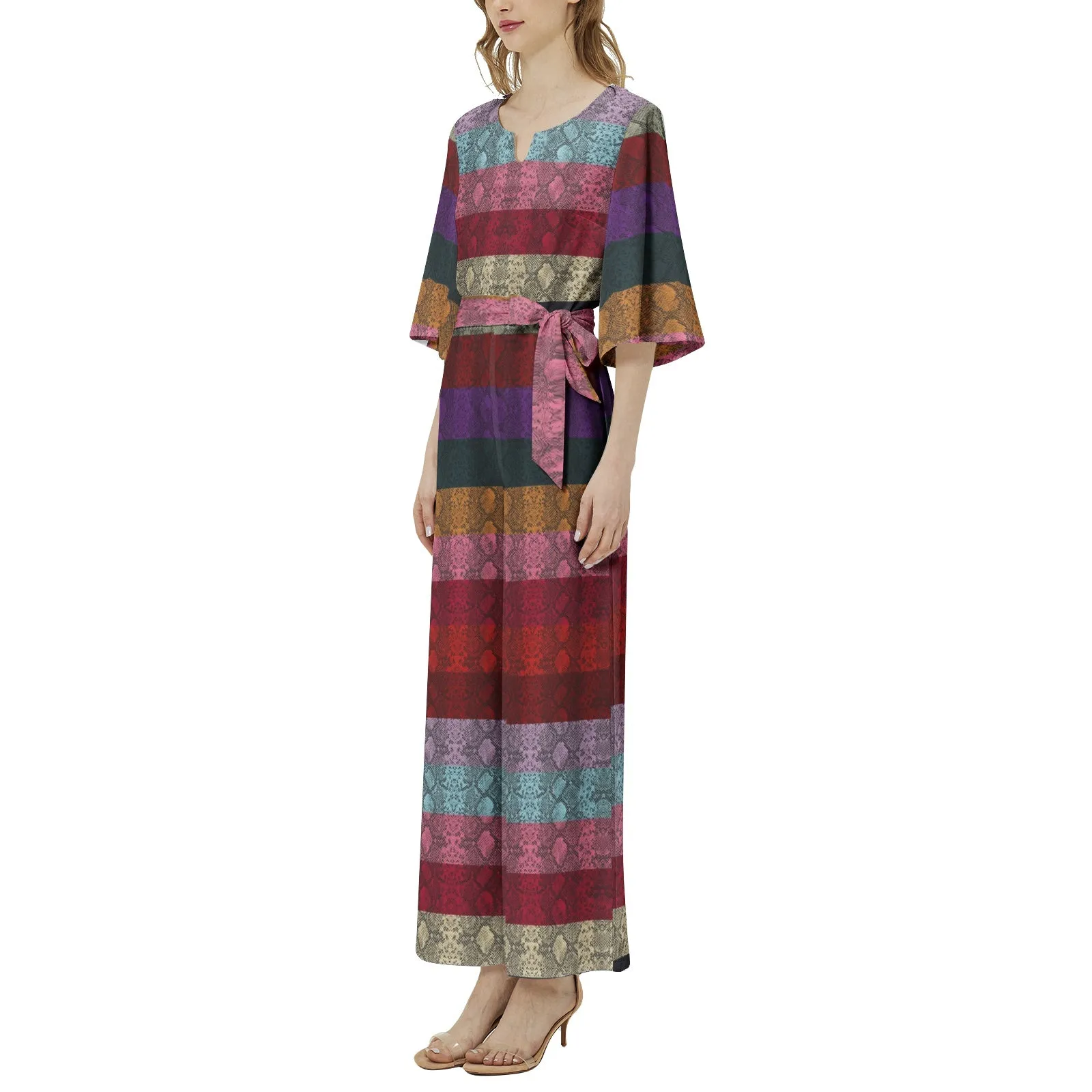 Multicolored Snakeskin Dolman Sleeve Belted Wide Leg Jumpsuit