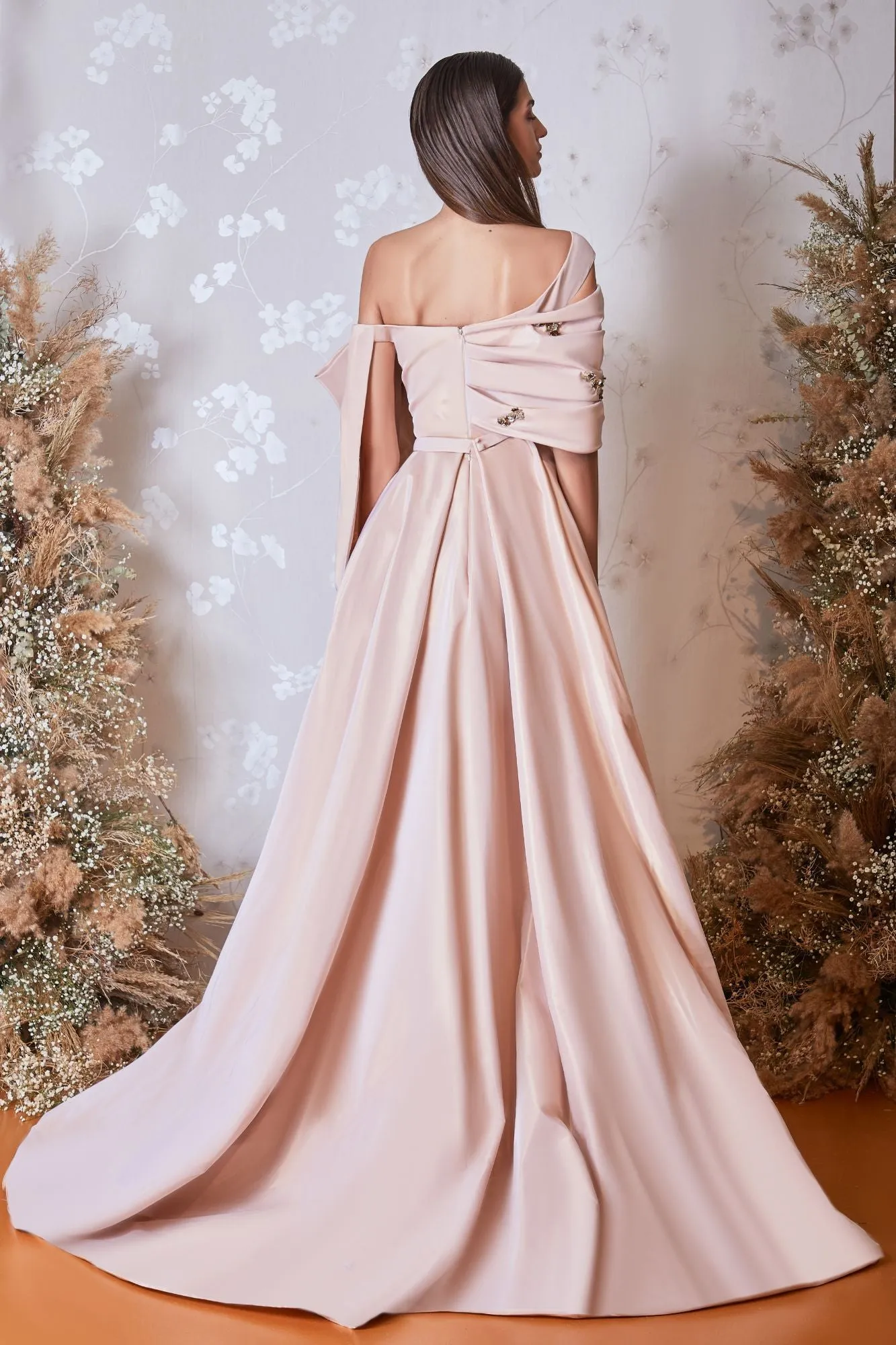Off-The-Shoulder Column Dress with Overskirt