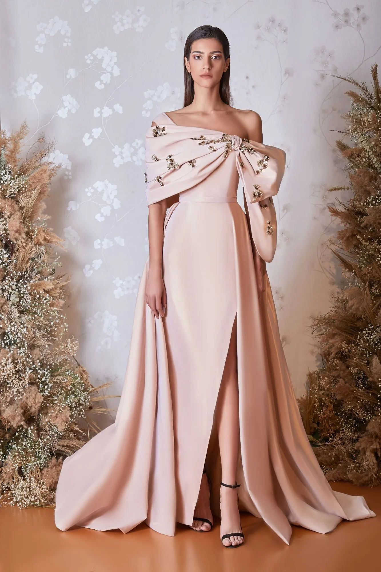 Off-The-Shoulder Column Dress with Overskirt