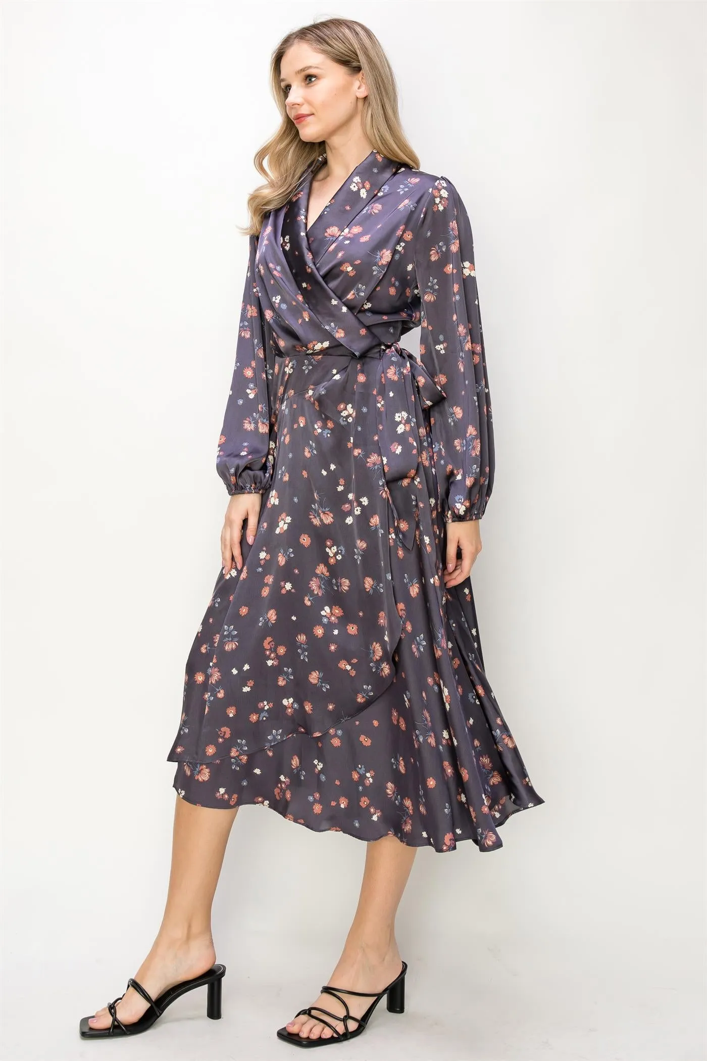 OL24A129-SATIN FLORAL V-NECK WRAP MAXI DRESS