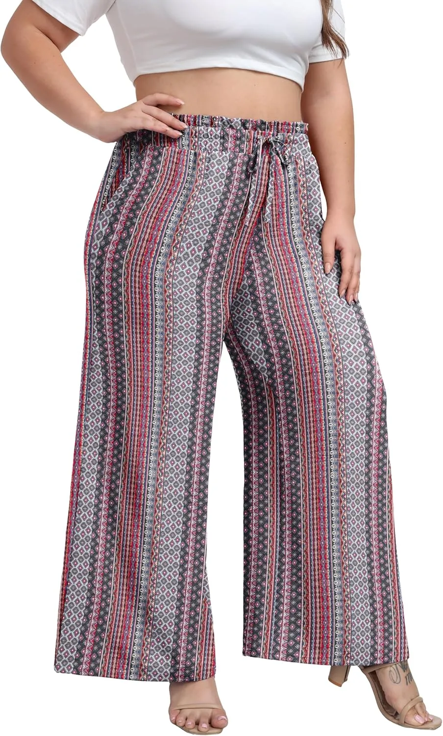 OLRIK Women's Plus Size Pants Self-Tie Belted High Waisted Wide Leg Pants Long Straight Palazzo Trousers with Pockets