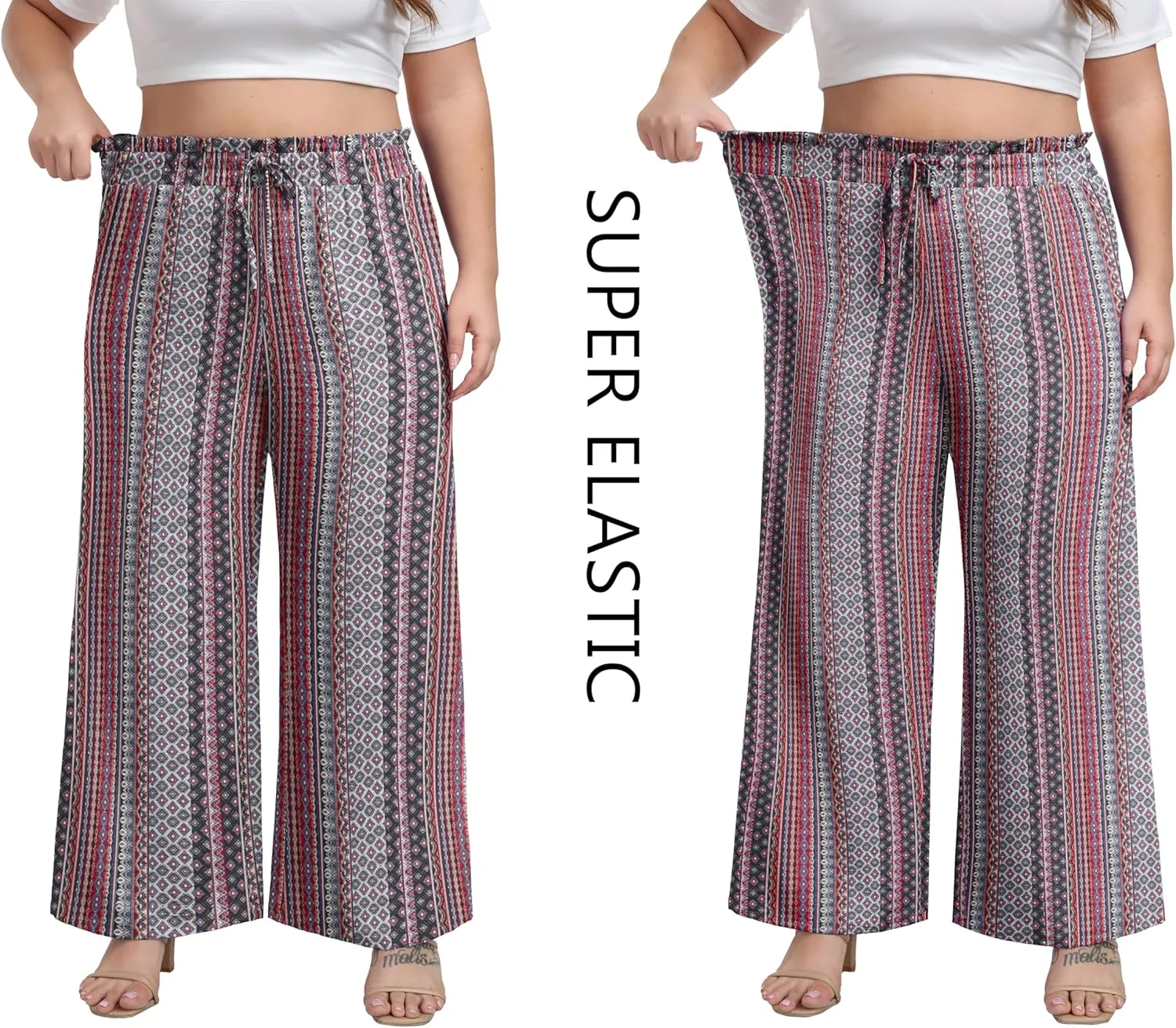 OLRIK Women's Plus Size Pants Self-Tie Belted High Waisted Wide Leg Pants Long Straight Palazzo Trousers with Pockets