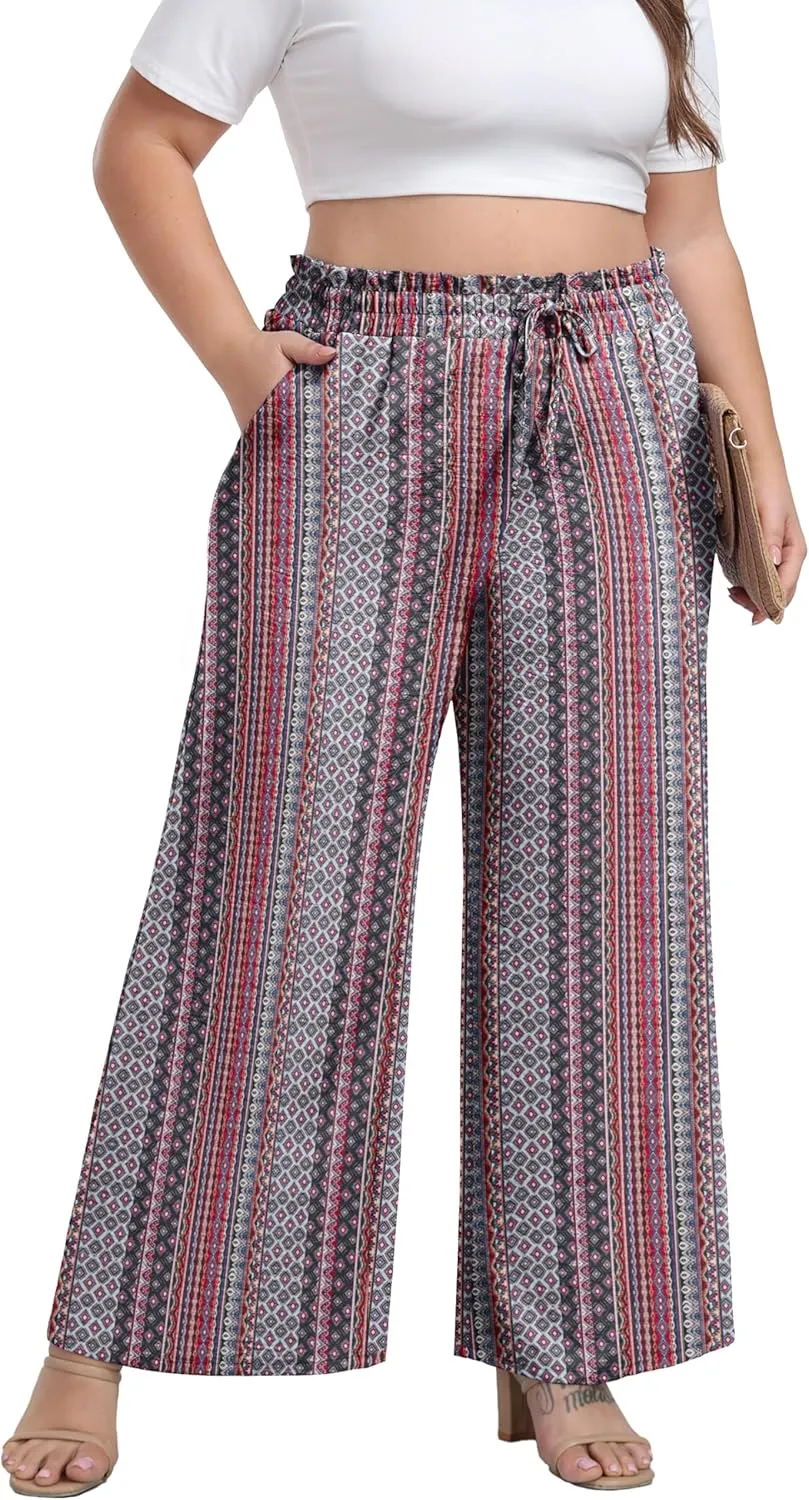 OLRIK Women's Plus Size Pants Self-Tie Belted High Waisted Wide Leg Pants Long Straight Palazzo Trousers with Pockets