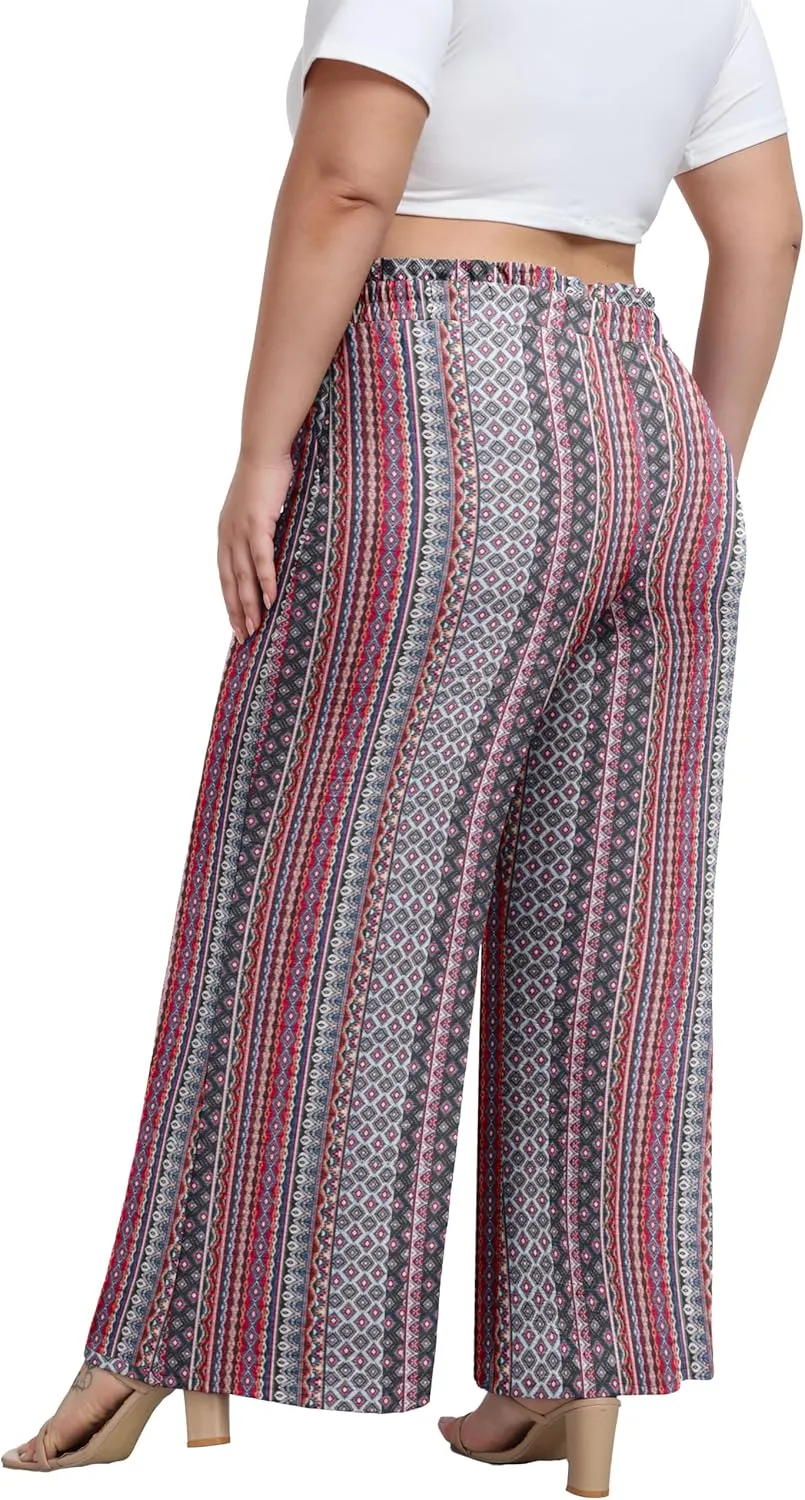 OLRIK Women's Plus Size Pants Self-Tie Belted High Waisted Wide Leg Pants Long Straight Palazzo Trousers with Pockets