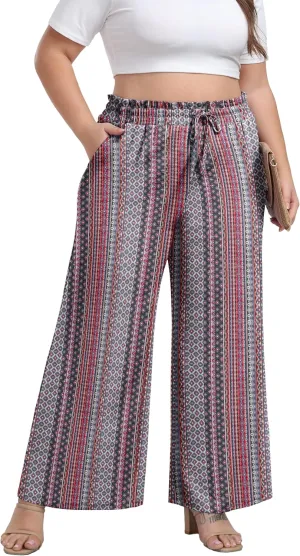OLRIK Women's Plus Size Pants Self-Tie Belted High Waisted Wide Leg Pants Long Straight Palazzo Trousers with Pockets