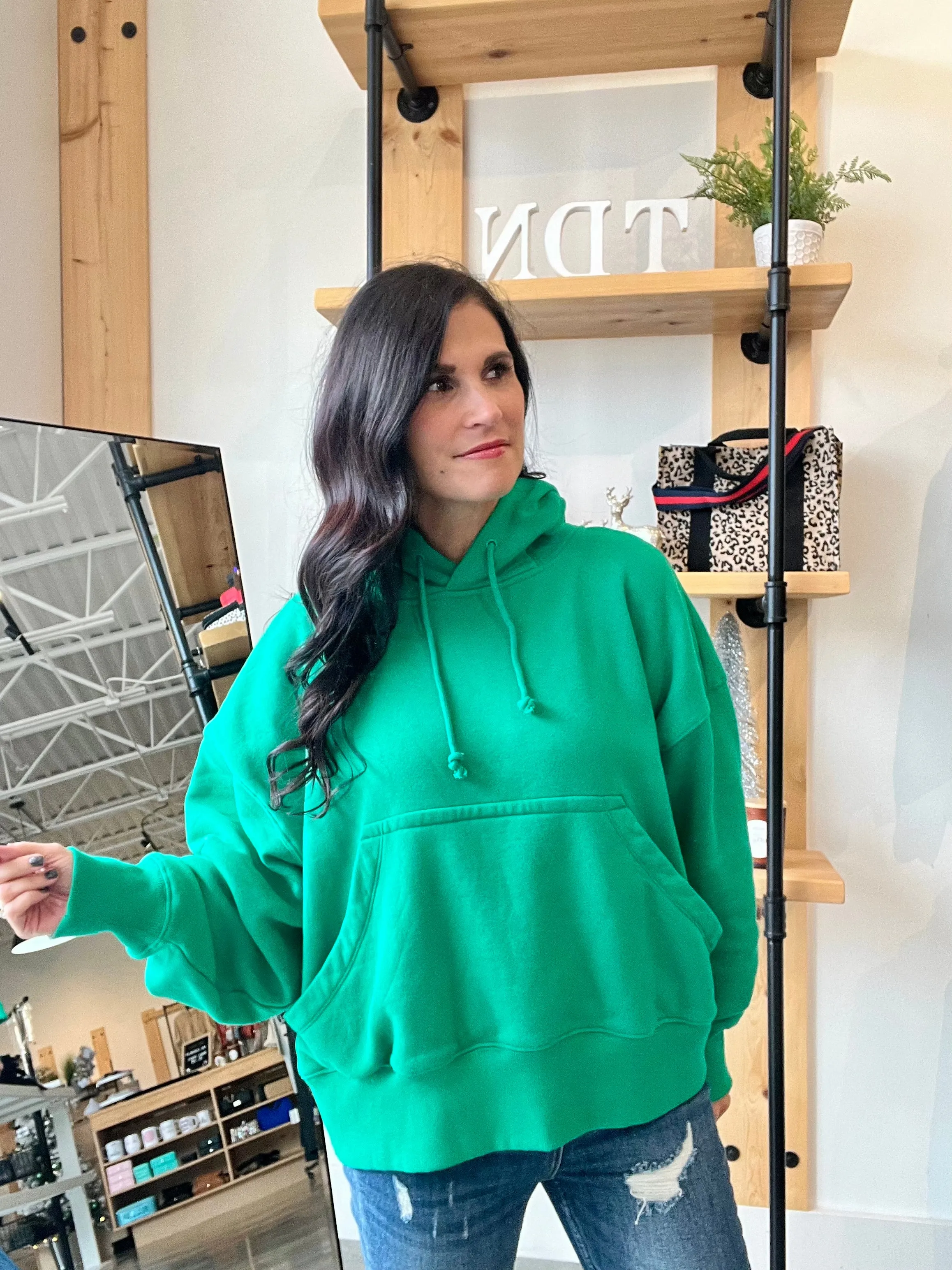 Oversized Fleece Kangaroo Pocket Hoodie - Kelli's Green