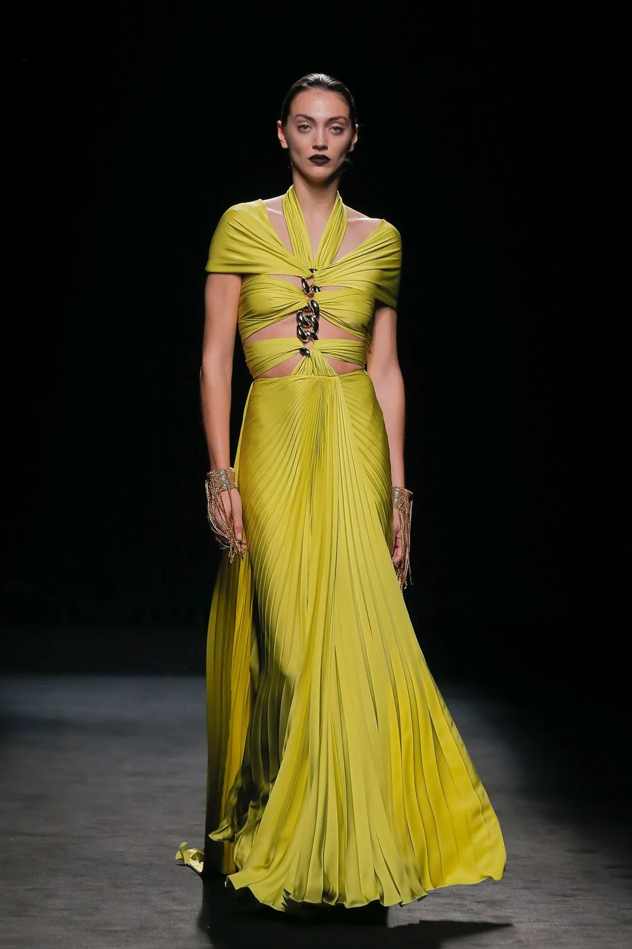 Pleated A-line Dress with Halter Neckline and Cutouts