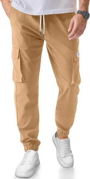 PLEPAN Mens Casual Cargo Joggers Stretch Elastic Waist Drawstring Tapered Sweatpants with Pockets