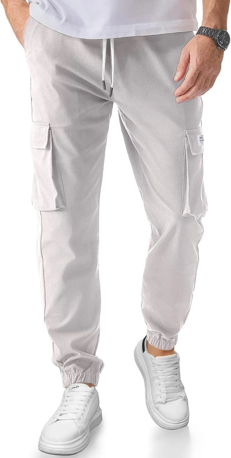 PLEPAN Mens Casual Cargo Joggers Stretch Elastic Waist Drawstring Tapered Sweatpants with Pockets