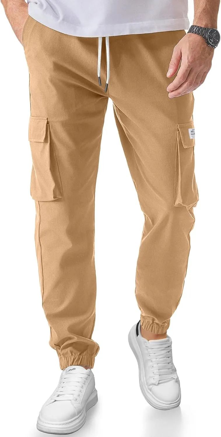 PLEPAN Mens Casual Cargo Joggers Stretch Elastic Waist Drawstring Tapered Sweatpants with Pockets