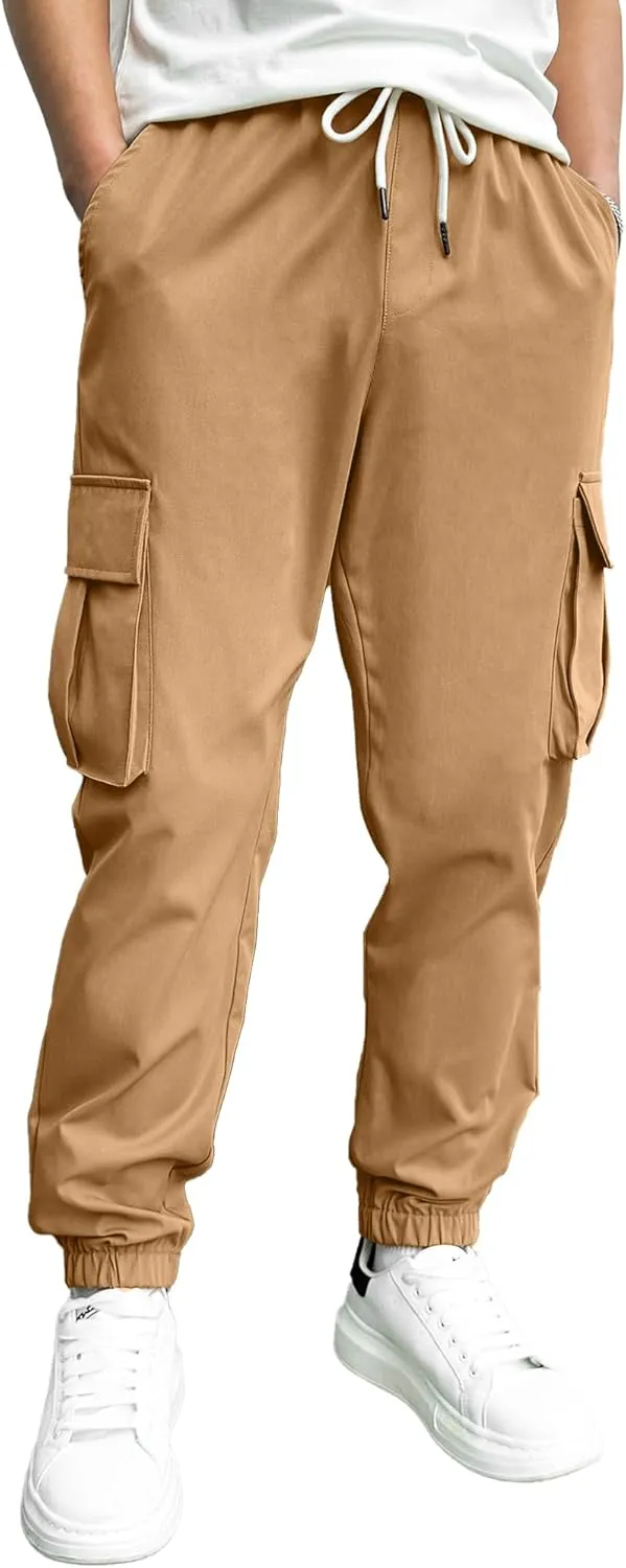PLEPAN Mens Casual Cargo Joggers Stretch Elastic Waist Drawstring Tapered Sweatpants with Pockets