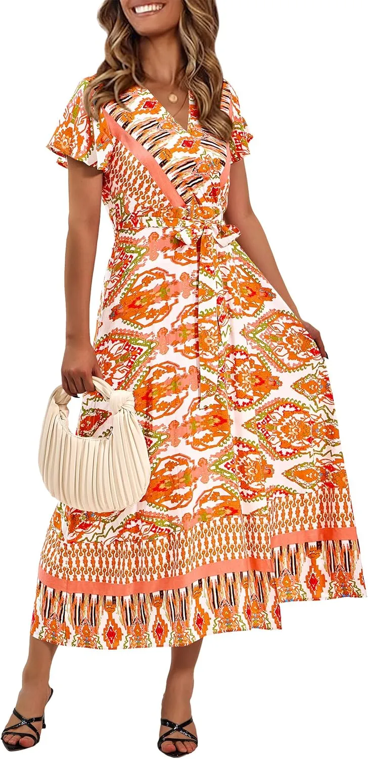 PRETTYGARDEN Women Boho Summer Side Split Deep V Neck Short Sleeves Maxi Dress with Belt