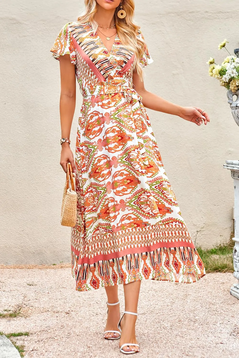 PRETTYGARDEN Women Boho Summer Side Split Deep V Neck Short Sleeves Maxi Dress with Belt