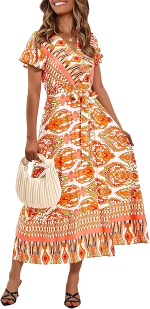 PRETTYGARDEN Women Boho Summer Side Split Deep V Neck Short Sleeves Maxi Dress with Belt