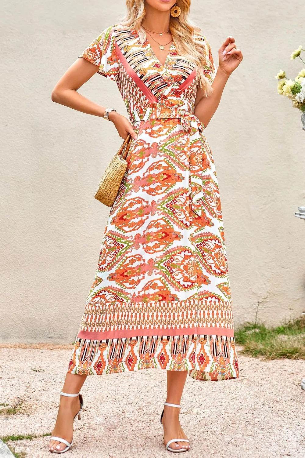 PRETTYGARDEN Women Boho Summer Side Split Deep V Neck Short Sleeves Maxi Dress with Belt