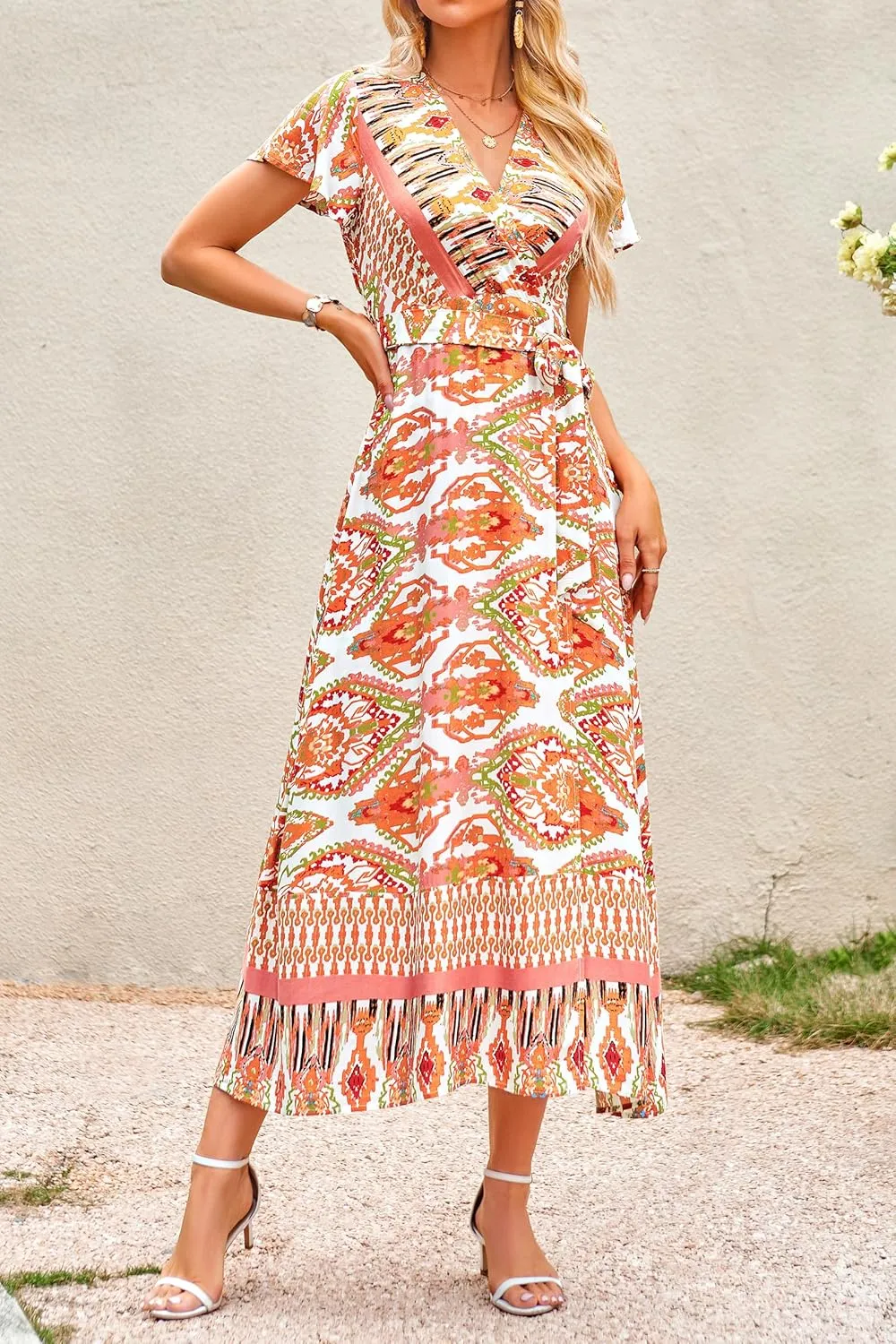 PRETTYGARDEN Women Boho Summer Side Split Deep V Neck Short Sleeves Maxi Dress with Belt