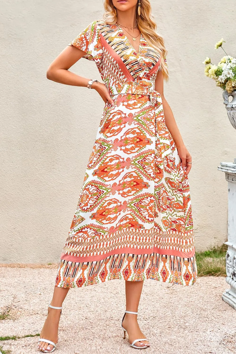 PRETTYGARDEN Women Boho Summer Side Split Deep V Neck Short Sleeves Maxi Dress with Belt