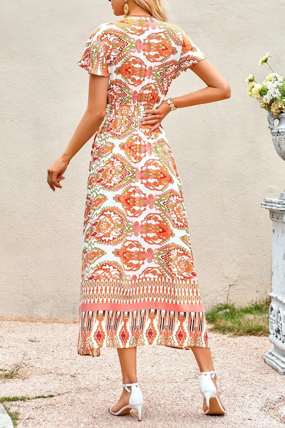 PRETTYGARDEN Women Boho Summer Side Split Deep V Neck Short Sleeves Maxi Dress with Belt