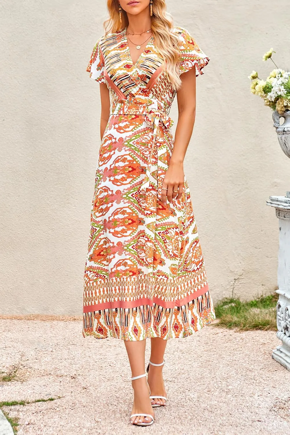 PRETTYGARDEN Women Boho Summer Side Split Deep V Neck Short Sleeves Maxi Dress with Belt