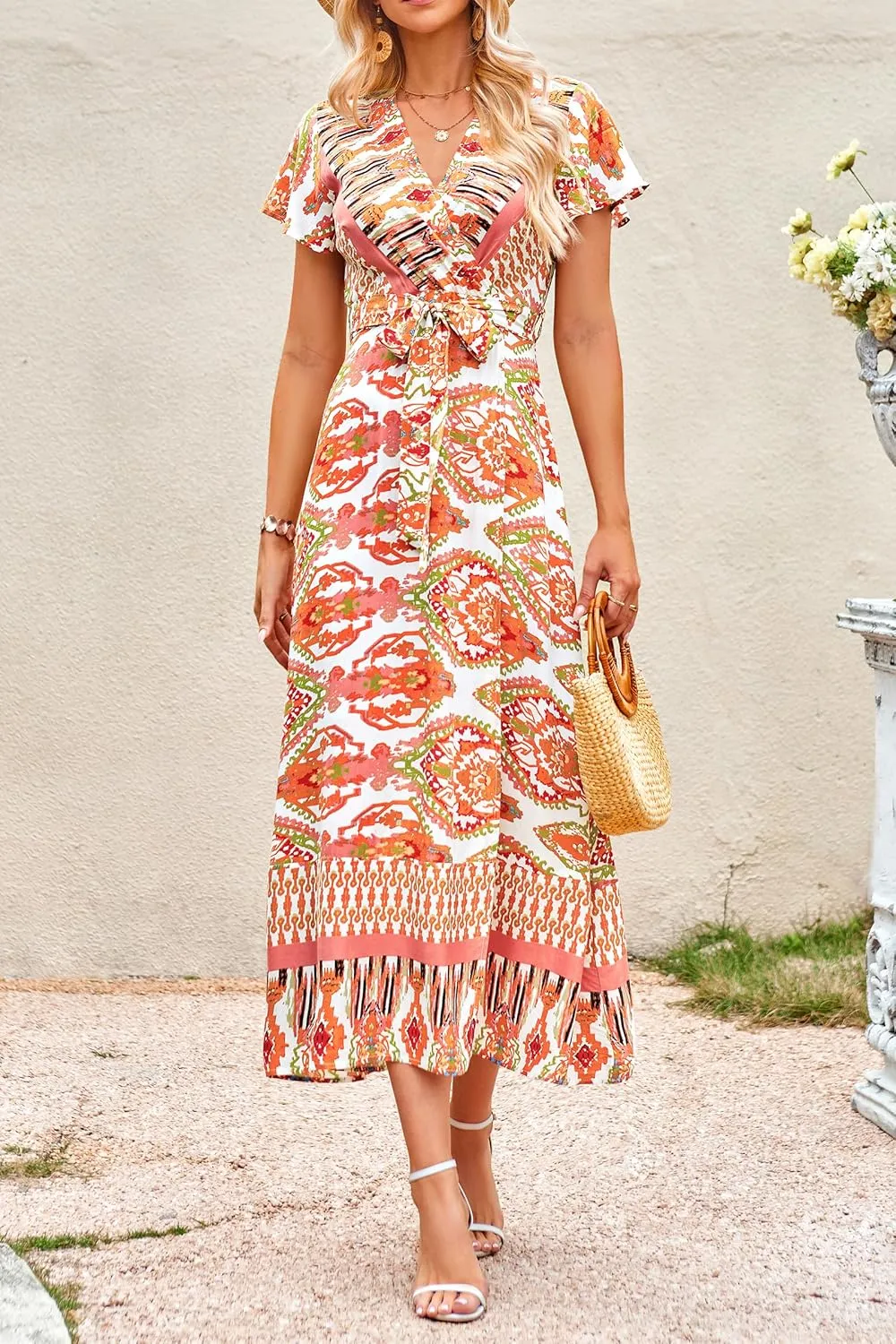 PRETTYGARDEN Women Boho Summer Side Split Deep V Neck Short Sleeves Maxi Dress with Belt