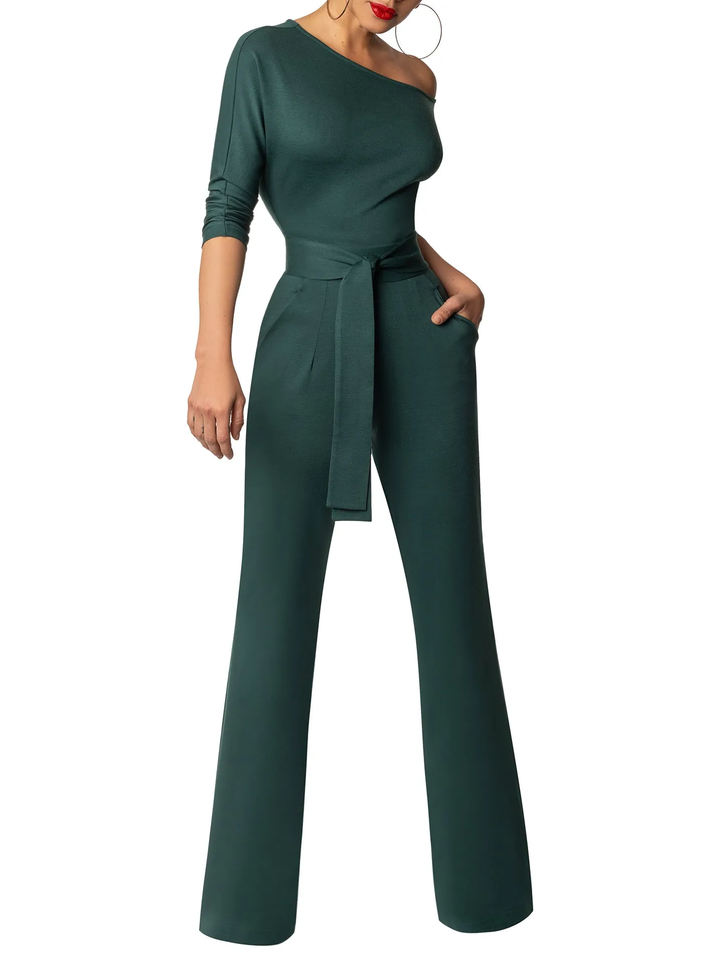 "Ursula" Hunter Green Off Shoulder Jumpsuit