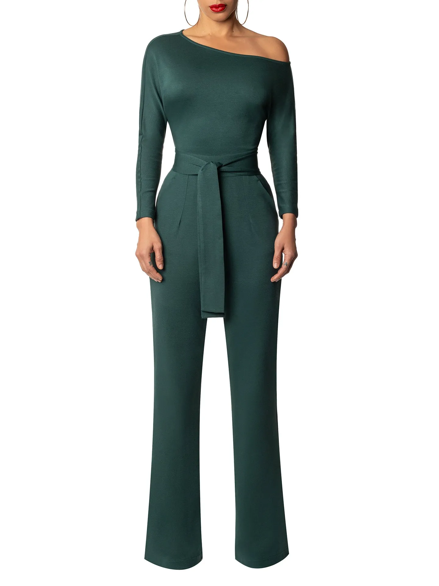 "Ursula" Hunter Green Off Shoulder Jumpsuit