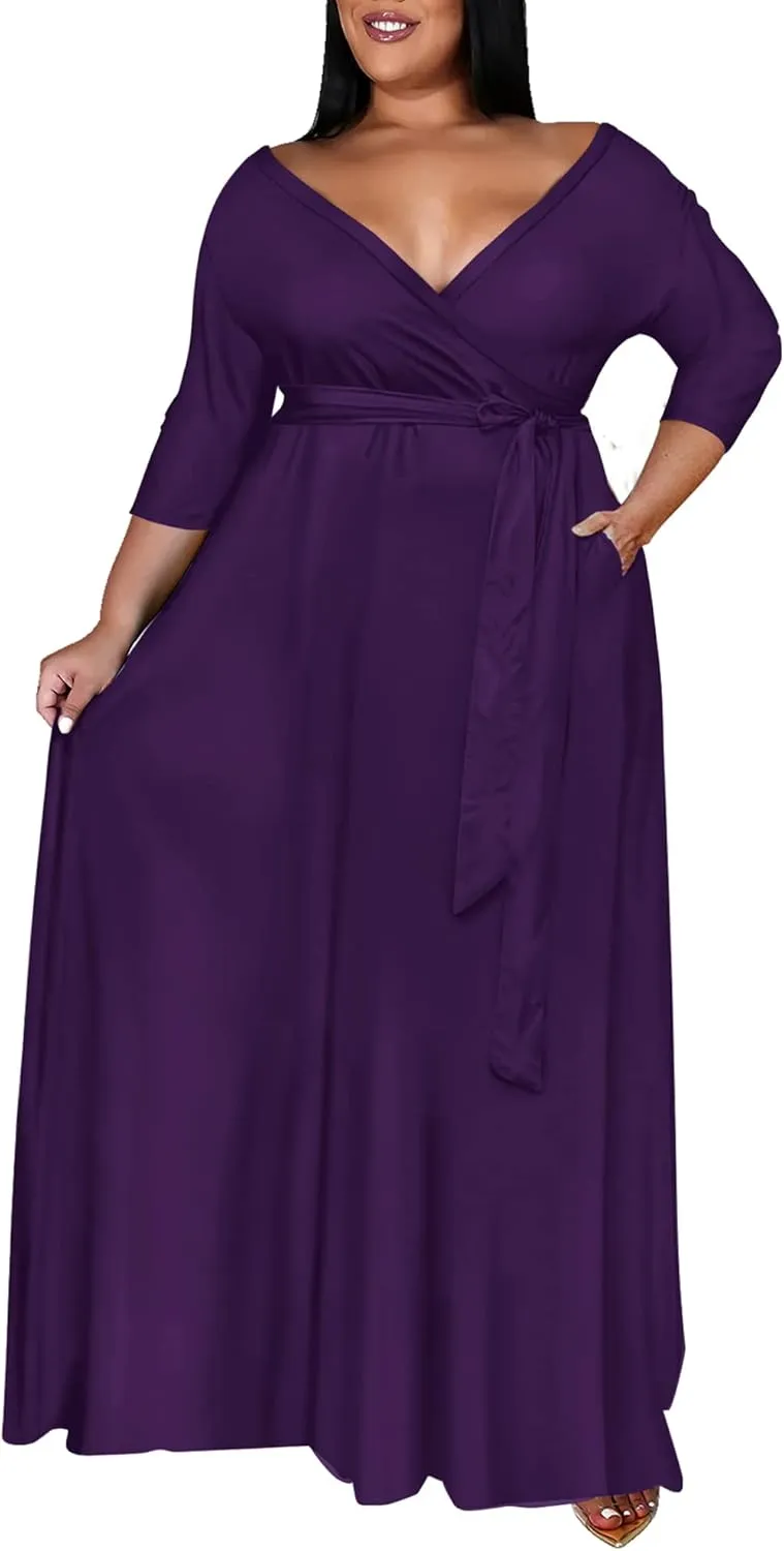 Runwind Plus Size Dress for Women - 3/4 Sleeve V Neck Printing Maxi Dresses for Women XL-6XL