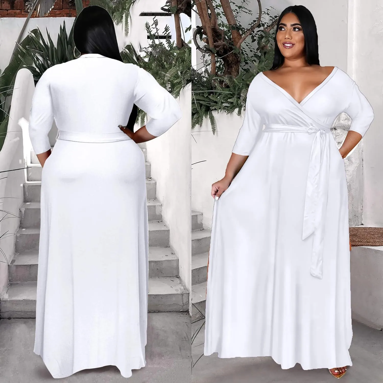 Runwind Plus Size Dress for Women - 3/4 Sleeve V Neck Printing Maxi Dresses for Women XL-6XL