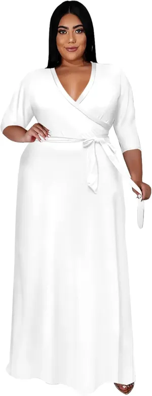 Runwind Plus Size Dress for Women - 3/4 Sleeve V Neck Printing Maxi Dresses for Women XL-6XL