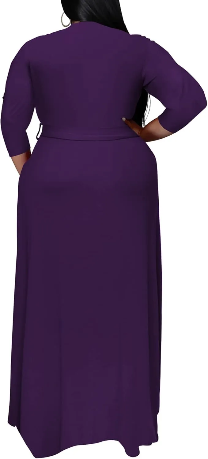 Runwind Plus Size Dress for Women - 3/4 Sleeve V Neck Printing Maxi Dresses for Women XL-6XL