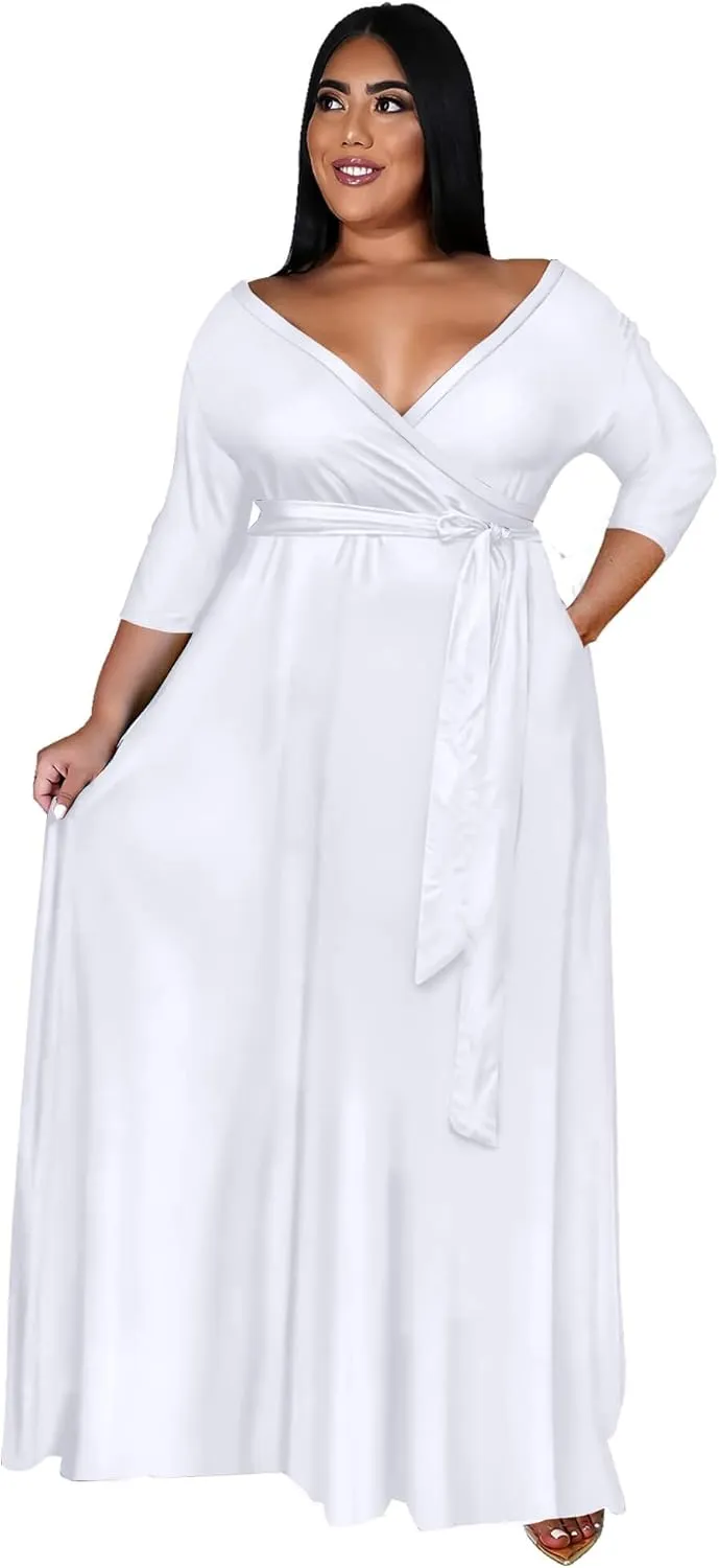 Runwind Plus Size Dress for Women - 3/4 Sleeve V Neck Printing Maxi Dresses for Women XL-6XL
