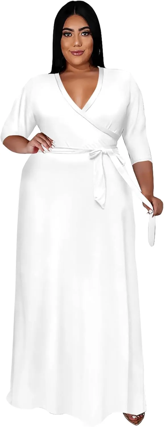 Runwind Plus Size Dress for Women - 3/4 Sleeve V Neck Printing Maxi Dresses for Women XL-6XL