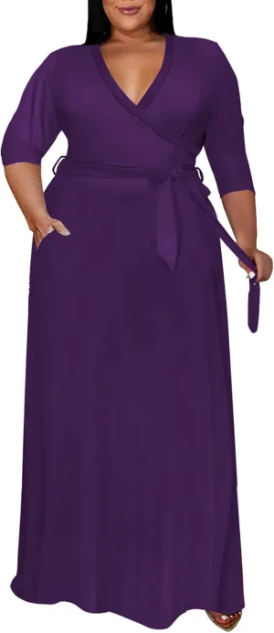 Runwind Plus Size Dress for Women - 3/4 Sleeve V Neck Printing Maxi Dresses for Women XL-6XL