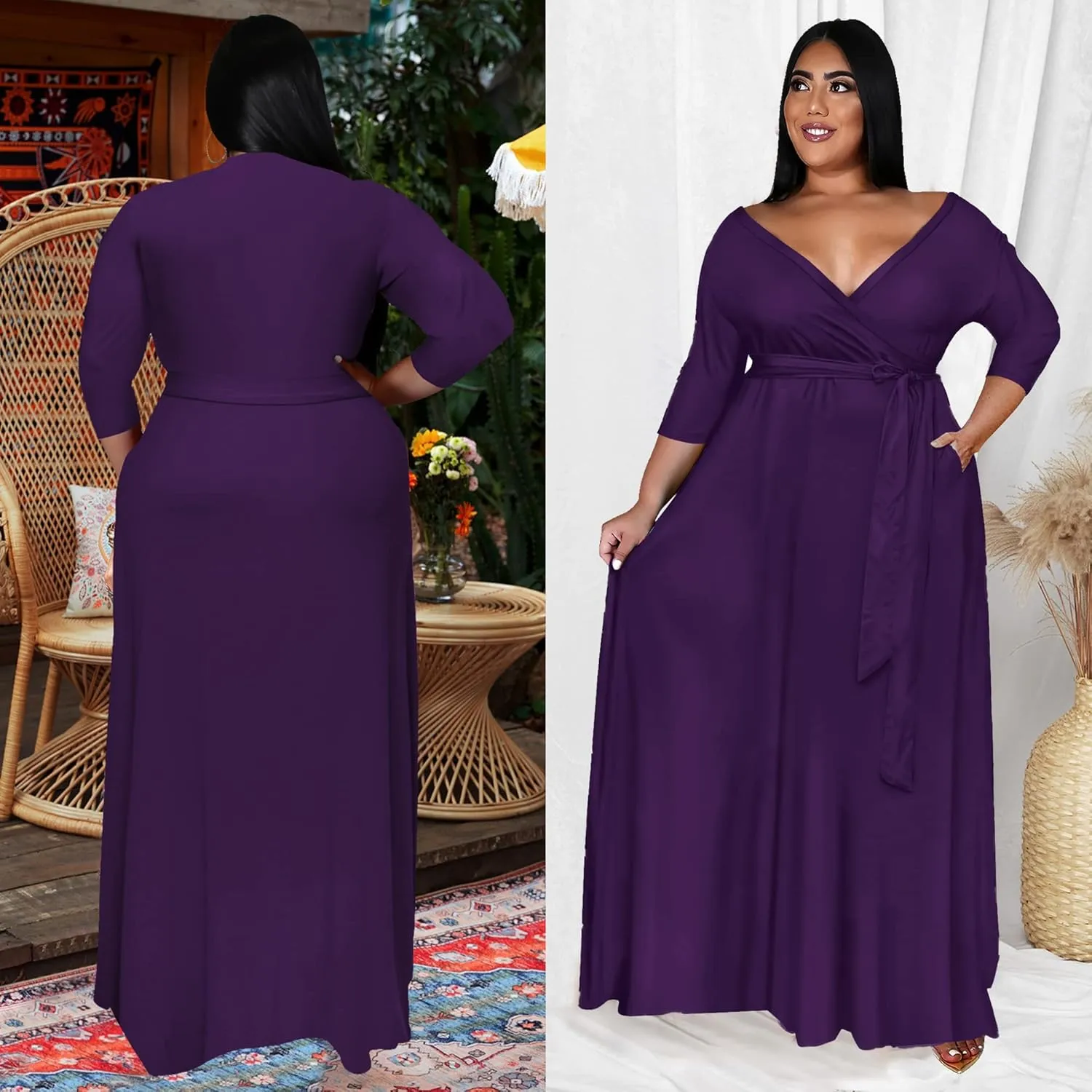 Runwind Plus Size Dress for Women - 3/4 Sleeve V Neck Printing Maxi Dresses for Women XL-6XL