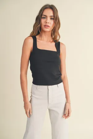 Sariyah Mini Ribbed Squared Neck Knitted Black Top
