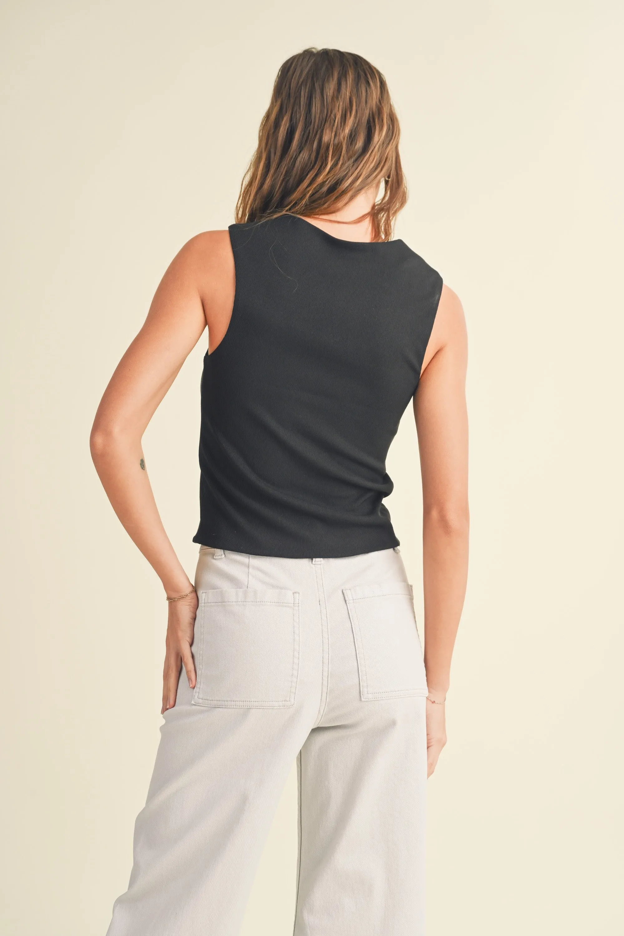 Sariyah Mini Ribbed Squared Neck Knitted Black Top